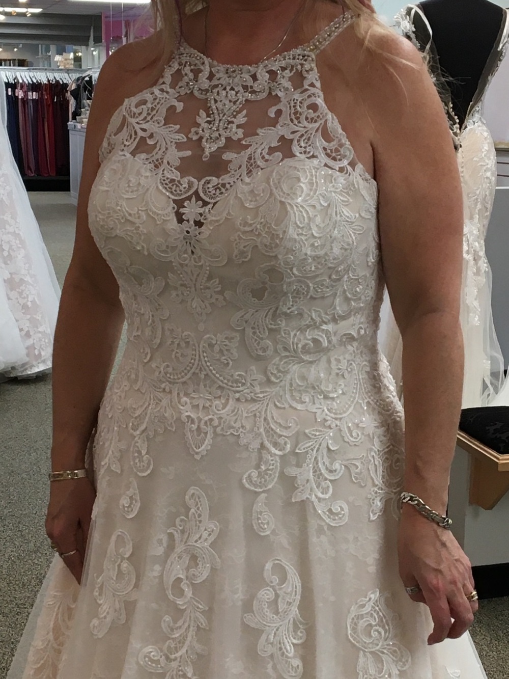 Ivory Lace Bridal Gown with Scalloped Train, crystals and pearls.